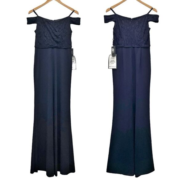 NWT Adrianna Papell Navy Blue Lace Crepe Formal Evening Gown OTS Dress Size 2 - Picture 2 of 16